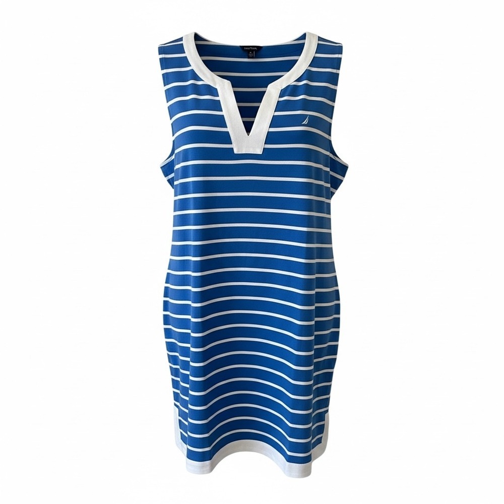 Nautica Womens Blue White Stripe Sleeveless Split Neck Shift Dress XL NWOT - Picture 1 of 9